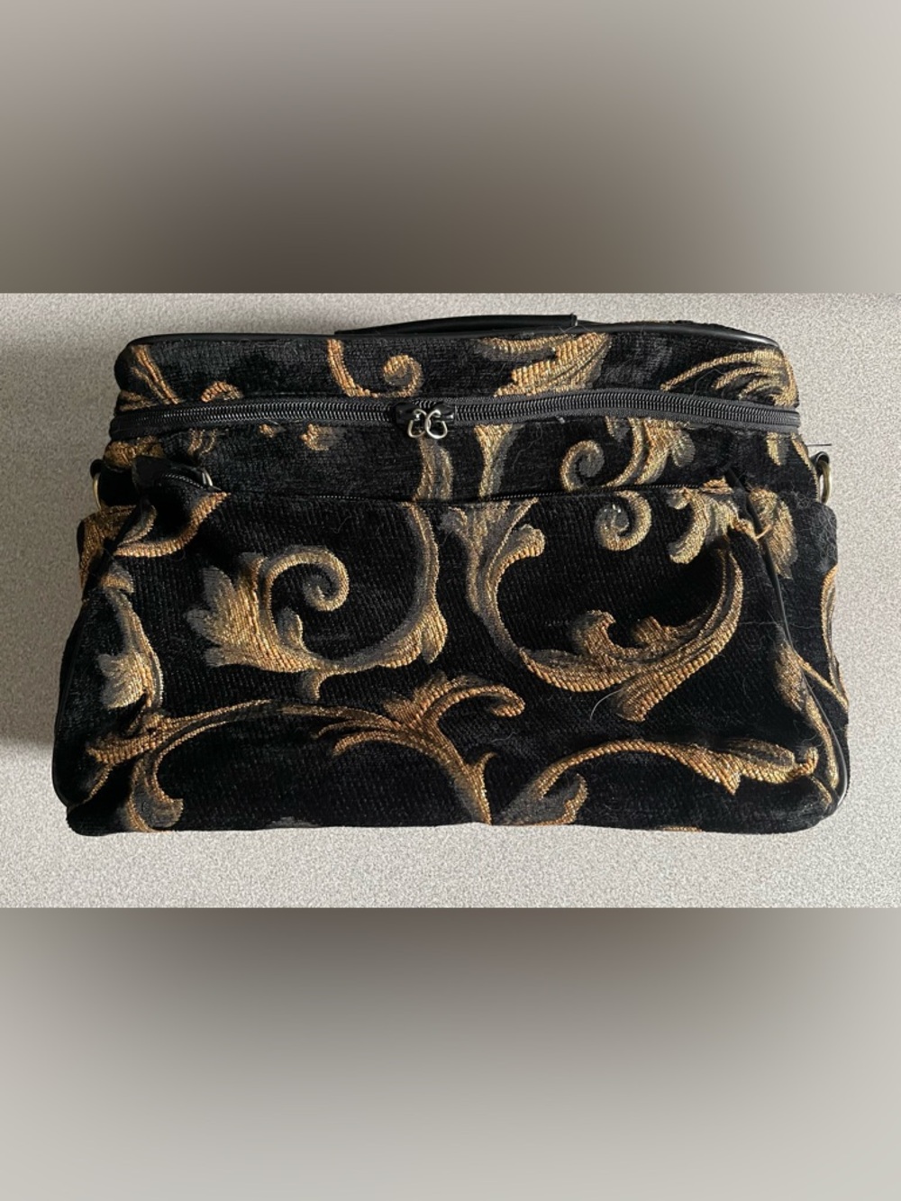 Vintage Tapestry Black and Gold Scroll Train Make Up Case